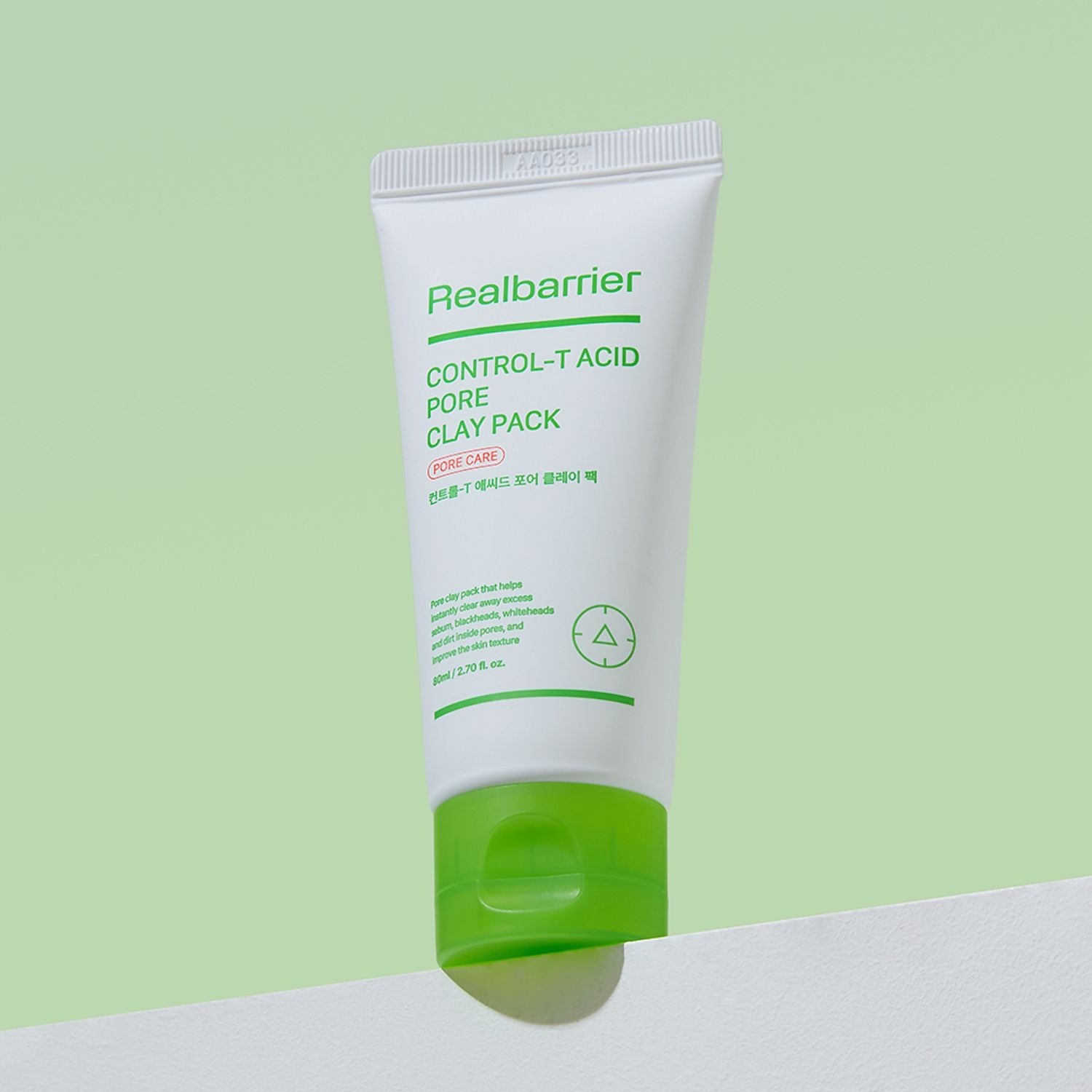 REAL BARRIER Control-T Acid Pore Clay Pack 80ml Realbarrier, tube de masque argileux sur fond vert clair, cosmétique visage