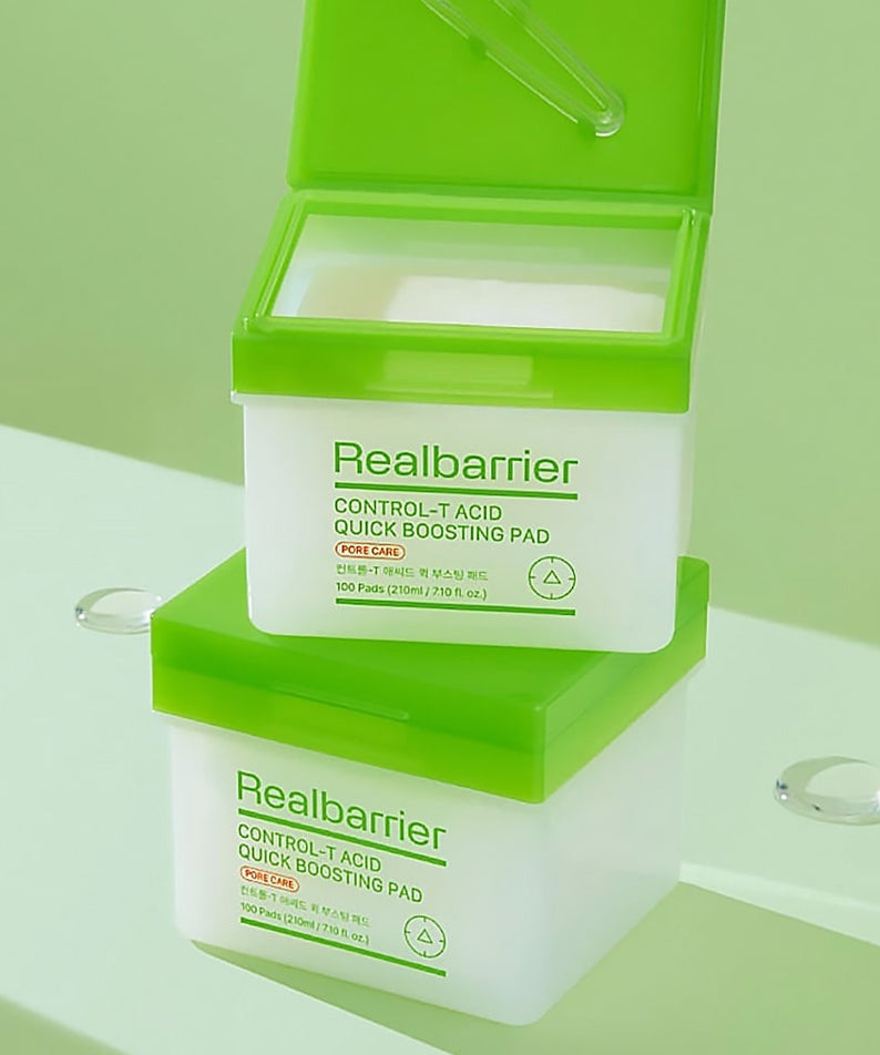 REAL BARRIER Control-T Acid Quick Boosting Pads 100 Sheets, boîtes vertes Realbarrier sur fond clair, vue produit
