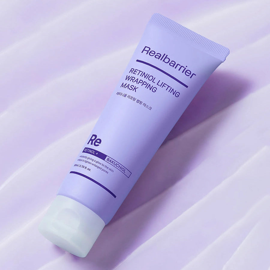 REAL BARRIER Retiniol Lifting Wrapping Mask 80ml, tube ReaIbarrier violet sur fond pastel, effet lifting