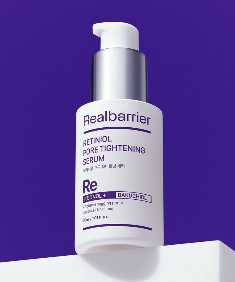 Sérum REAL BARRIER Retinol Pore Tightening 30ml pour raffermir les pores sur fond violet.