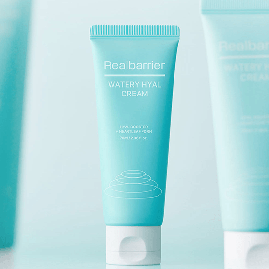 REAL BARRIER Watery Hyal Cream 70ml, tube Realbarrier bleu sur fond clair, contexte skincare hydratant