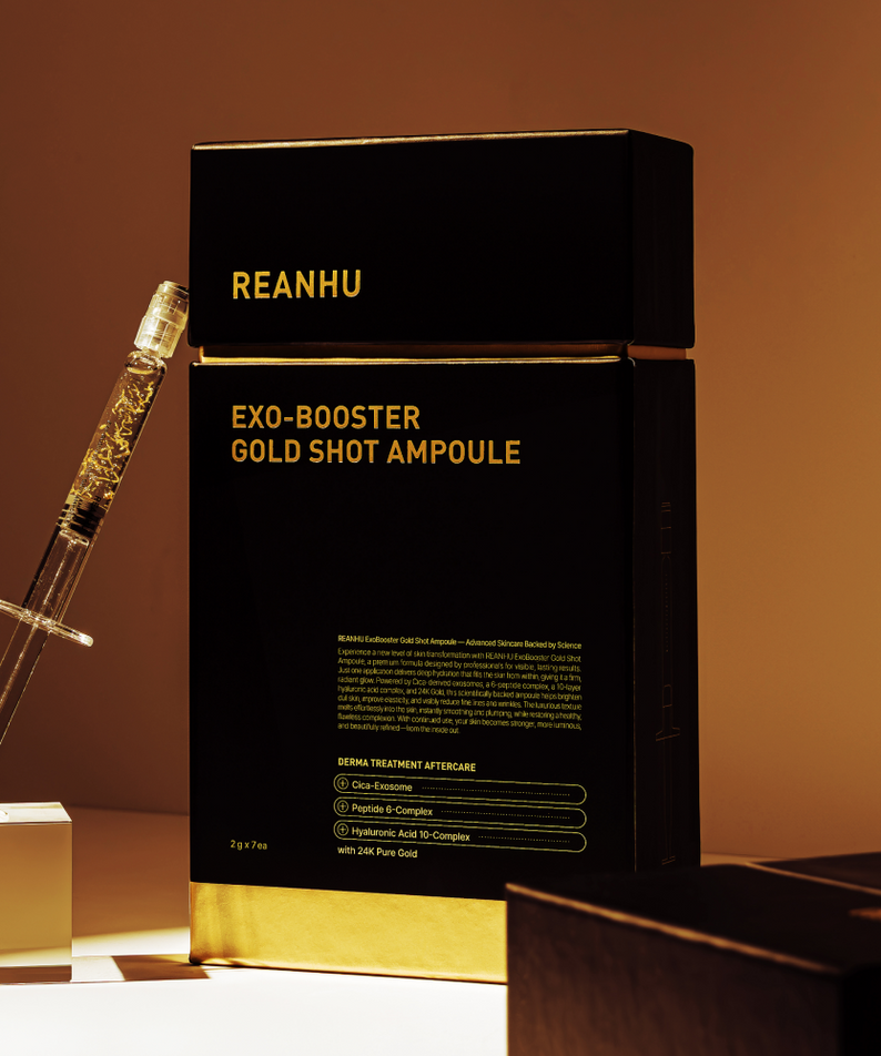 REANHU Exo Booster Gold Shot Ampoule 2 g X 7 ea par REANHU, ampoules dorées sur fond noir, packaging premium