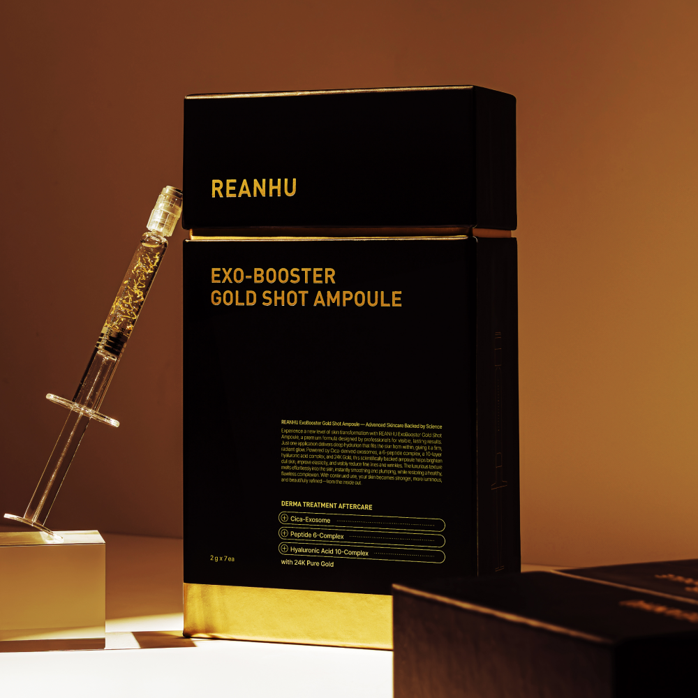 REANHU Exo Booster Gold Shot Ampoule 2 g X 7 ea par REANHU, ampoules dorées sur fond noir, packaging premium
