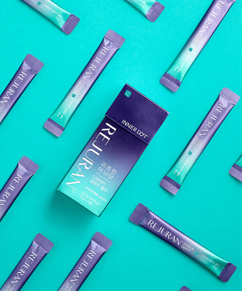 Boîte de REJURAN Innerdo DNA Glow Jelly 1 box (14p) sur fond coloré, présentation esthétique du produit de soin.