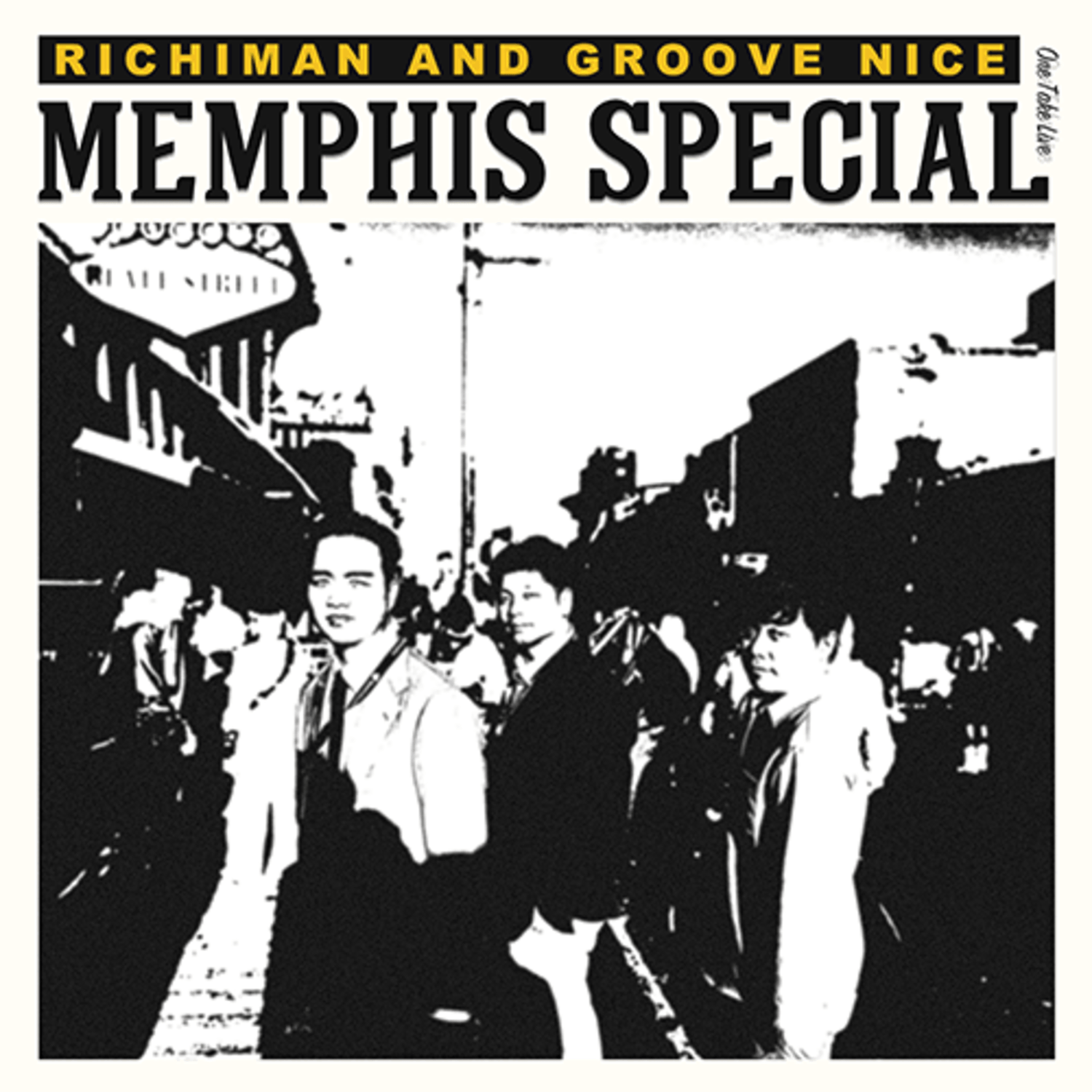 RICHIMAN AND GROOVE NICE - [Memphis Special one take live] - Album Kpop : visuel Memphis noir&blanc, groupe sur scène (RICHIMAN AND GROOVE NICE).