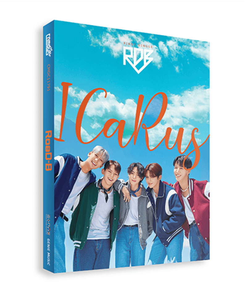 ROAD-B - 1st Single [Icarus] - Album Kpop de ROAD-B, jaquette colorée avec le groupe dans un ciel bleu.