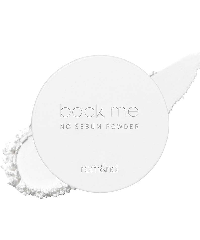 Poudre anti-séborrhéique ROMAND White Rice No Sebum Powder en vue de dessus, texture fine illustrée, cosmétique coréen.