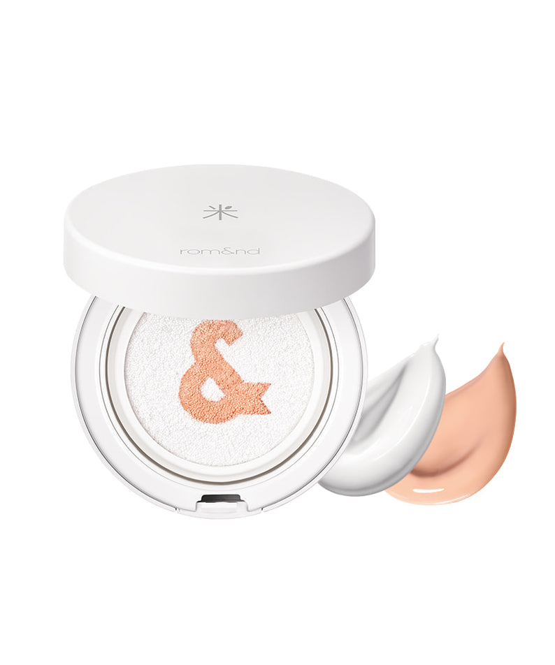 ROMAND white me tone up sun cushion, produit cosmétique tonifiant avec protection solaire, design élégant, maquillage lumineux.