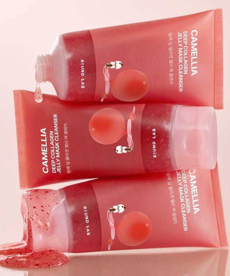 ROUND LAB Camellia Deep Collagen Jelly Pack Cleanser 150ml, gel rouge vibrant avec texture de gelée et pack chic.