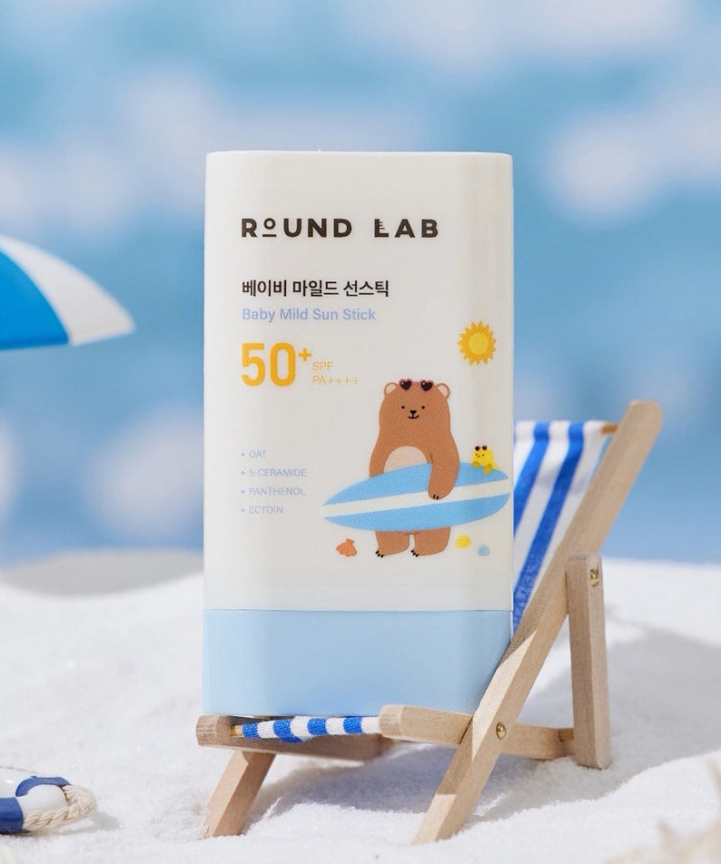 ROUND LAB  Baby Mild Sun Stick SPF 50+ PA++++ 21g, marque sur stick solaire bébé, plage d’été au soleil.