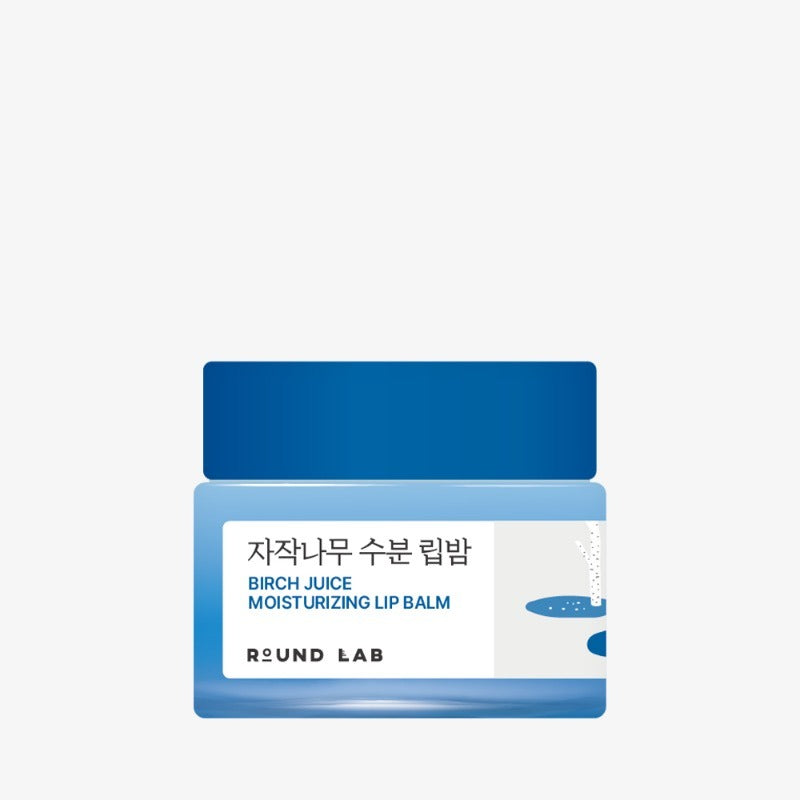 ROUND LAB Birch Moisture Lip Balm 20g, baume hydratant sur fond clair : packaging bleu et blanc, marque ROUND LAB visible.