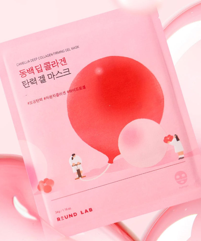 ROUND LAB Camellia Deep Collagen Firming Gel Mask en emballage rose avec décoration florale.