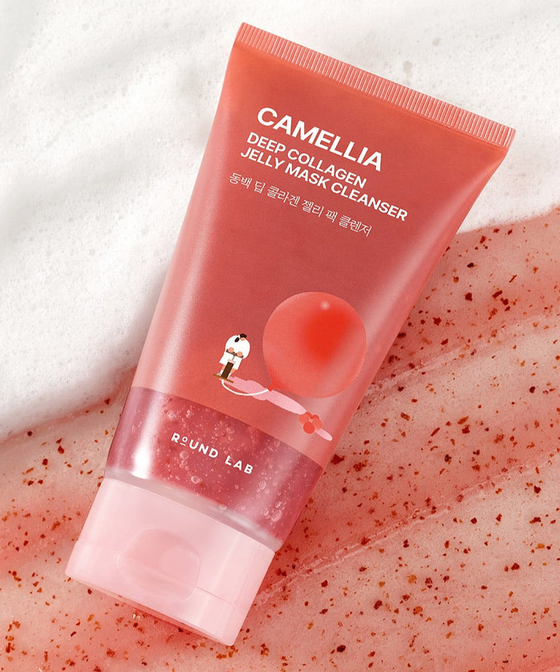 ROUND LAB Camellia Deep Collagen Jelly Pack Cleanser 150ml, tube rouge sur fond clair, peau et bulles de gel, marque ROUND LAB