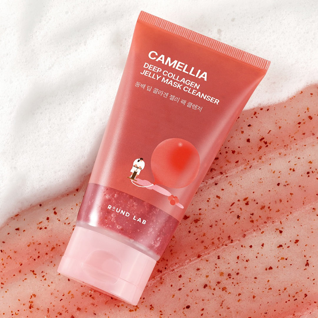 ROUND LAB Camellia Deep Collagen Jelly Pack Cleanser 150ml, tube rouge sur fond clair, peau et bulles de gel, marque ROUND LAB