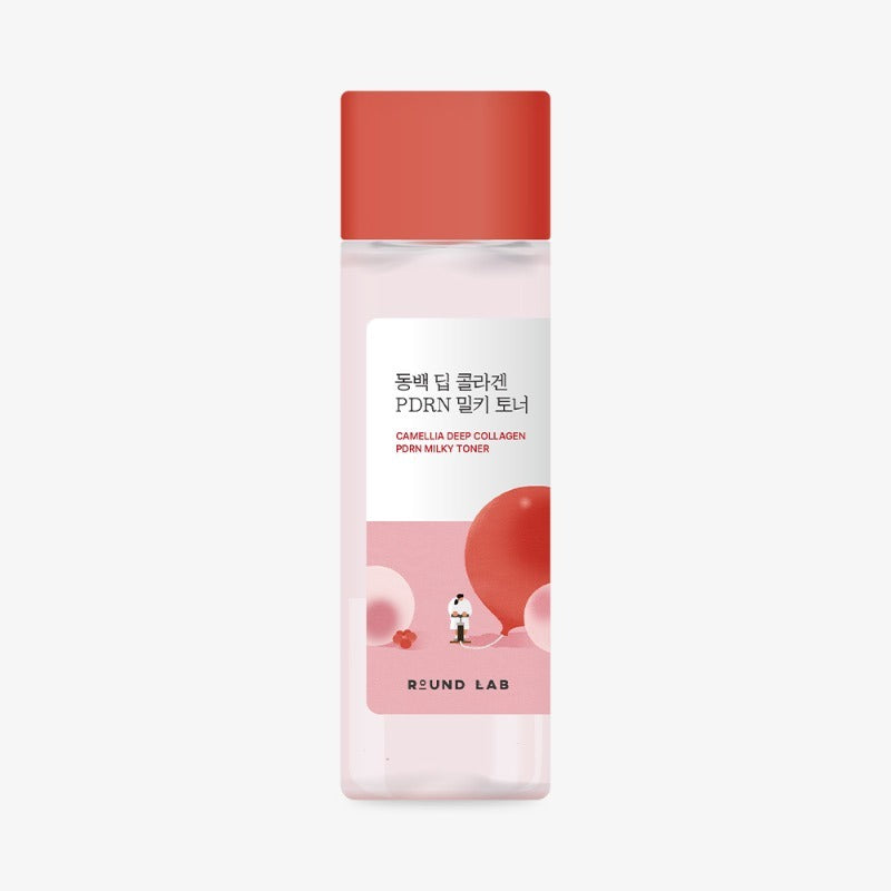 ROUND LAB  Dongbaek Deep Collagen PDRN Milky Toner 150ml, flacon blanc à couvercle rouge sur fond clair