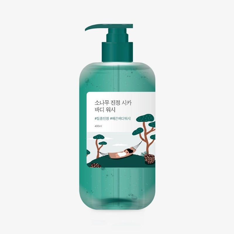 ROUND LAB  Pine Calming Cica Body Wash 400ml : flacon vert avec pompe, décor nature, visuel produit sur fond clair.