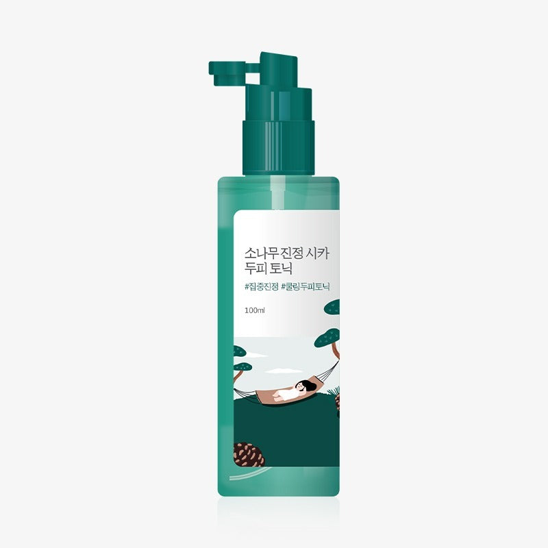 ROUND LAB  Pine Calming Cica Hair Tonic 100ml : flacon vert avec pompe, image produit sur fond clair, marque Round Lab
