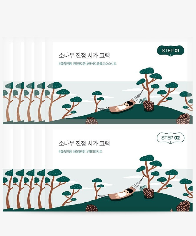 ROUND LAB  Pine Soothing Cica Co-pack (5 sheets) : aperçu visuel des patchs apaisants, marque coréenne, fond paysage forêt
