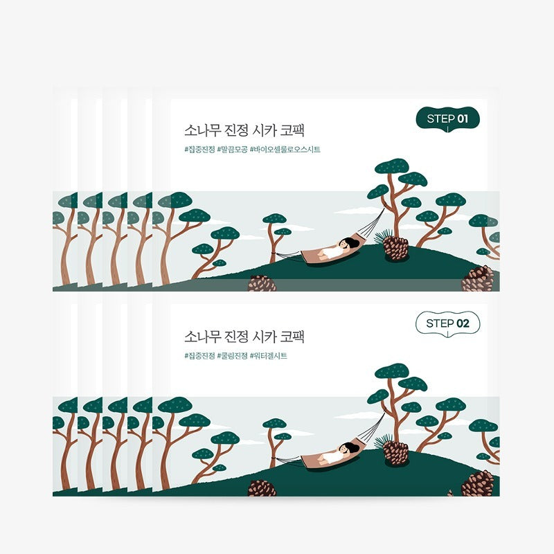 ROUND LAB  Pine Soothing Cica Co-pack (5 sheets) : aperçu visuel des patchs apaisants, marque coréenne, fond paysage forêt