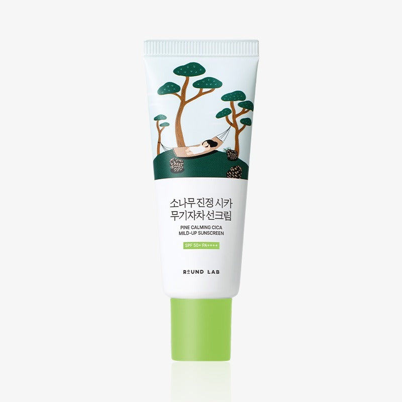 ROUND LAB  Pine Tree Calming Cica Mineral Sunscreen 40ml, tube vert et blanc sur fond clair, visuel produit marque.