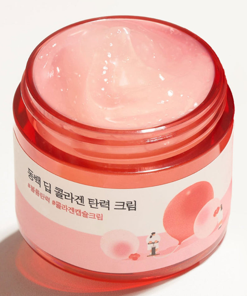 Crème ROUND LAB Dongbaek Deep Collagen Elasticity 50ml dans un pot rose pour l'élasticité et l'éclat de la peau.