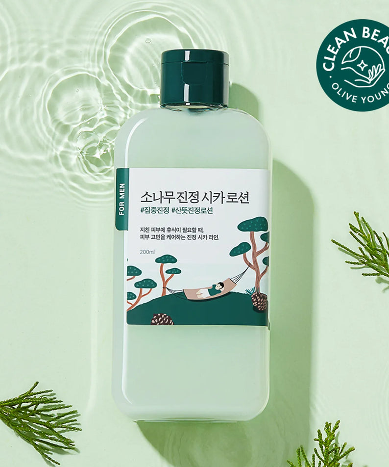 Lotion hydratante ROUND LAB For Men Pine Calming Cica Lotion 200ml avec ingrédients apaisants, idéal pour peaux sensibles.