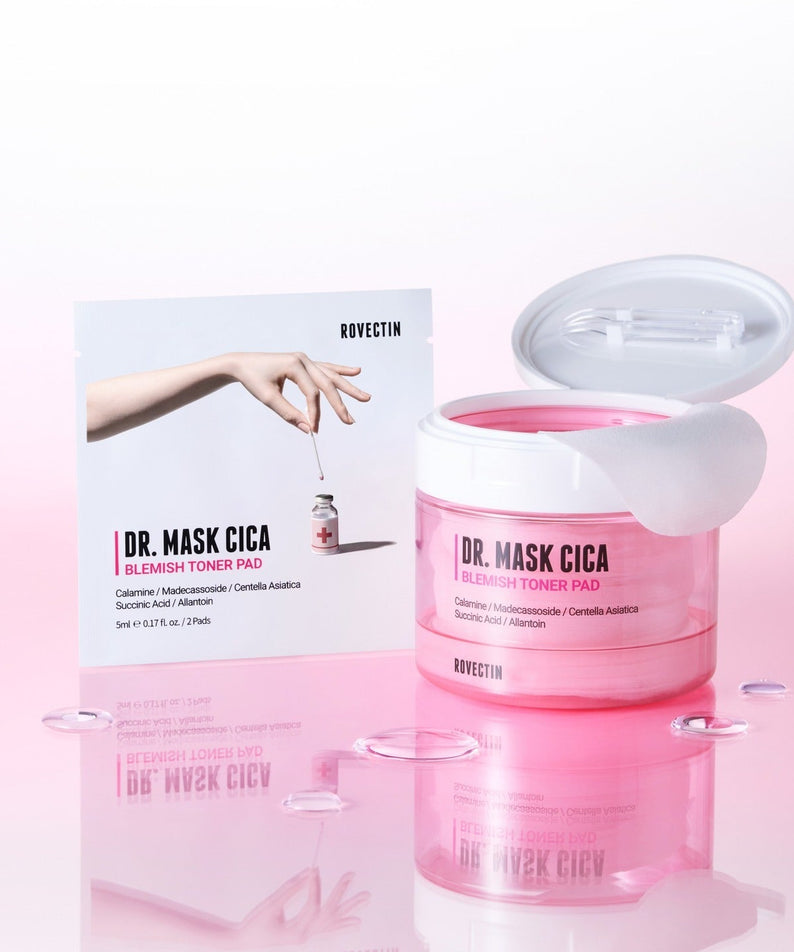 ROVECTIN Dr.Mask Cica Blemish Toner Pads 60 Sheets - soins pour peaux sensibles avec apaisement des imperfections.