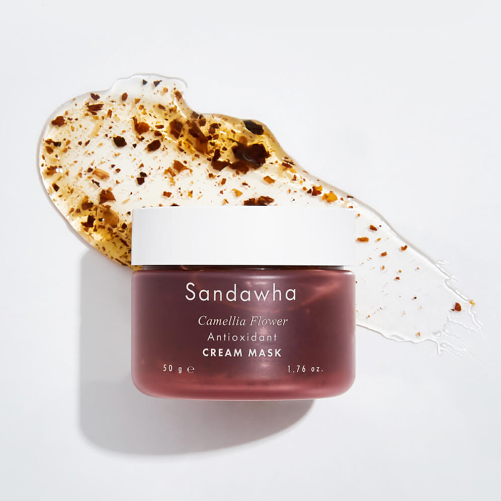 SANDAWHA Camellia Flower Cream Mask 65g : pot crème anti-oxydante sur fond blanc, texture camélia en détail, marque visible.