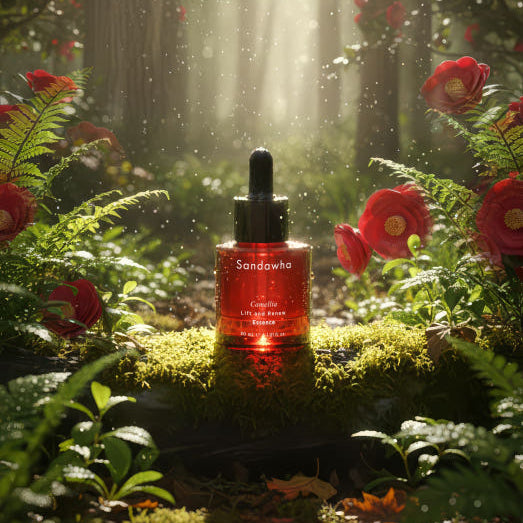 Décris l'image en français : SANDAWHA Camellia Lift & Renew Essence 30ml de la marque Sandawha, décor floral en jardin.