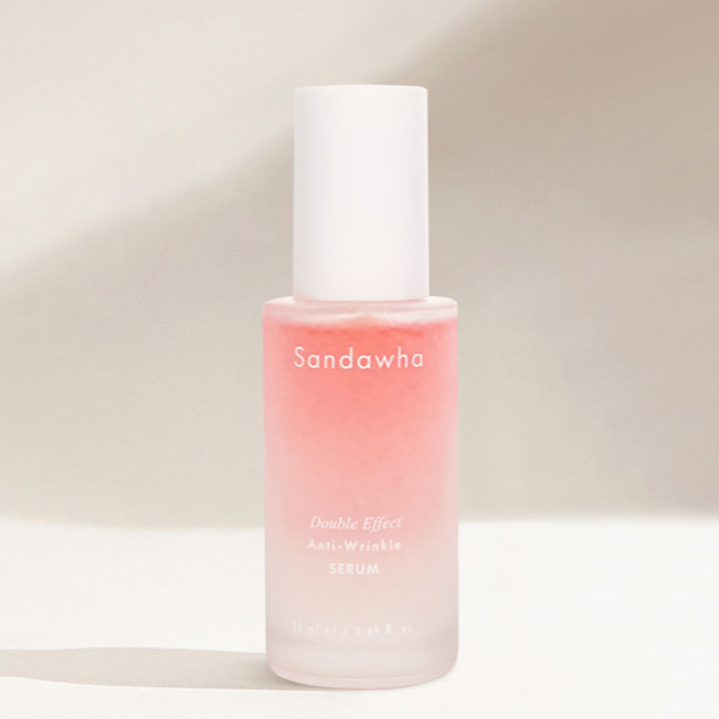 SANDAWHA Double Effect Anti Wrinkle Serum 50ml, flacon rose sur fond clair, marque SANDAWHA, produit visage anti-rides