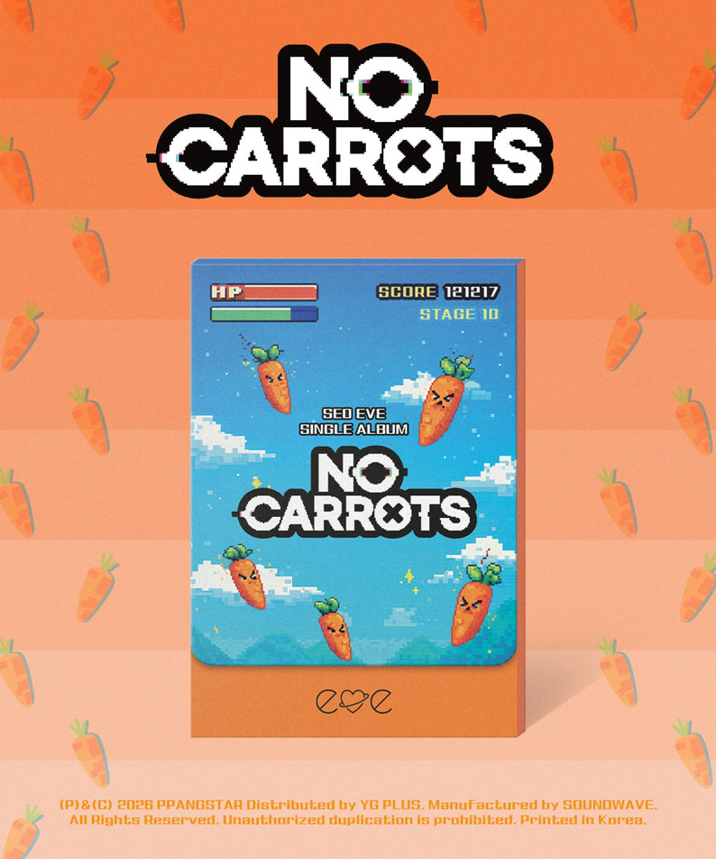SEO EVE - [ (No Carrots)] (PLVE Ver.) - Album Kpop, pochette orange avec carottes, ciel bleu et texte No Carrots