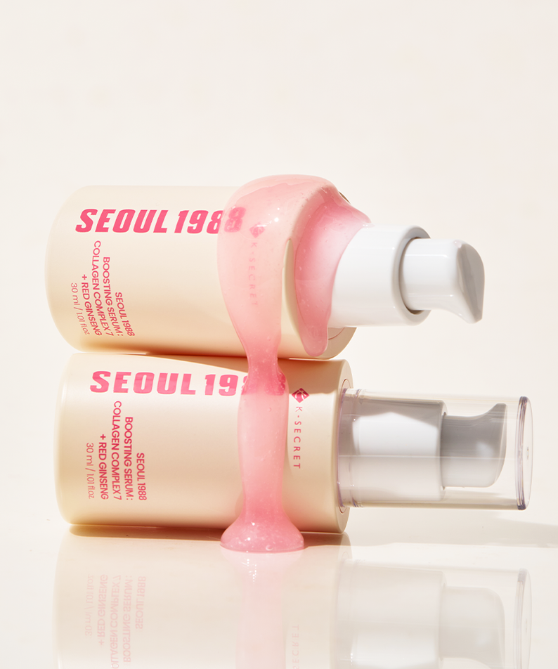 SEOUL 1988 Collagen Boosting Serum 30ml, flacon avec texture rose sur fond clair, visuel produit de la marque