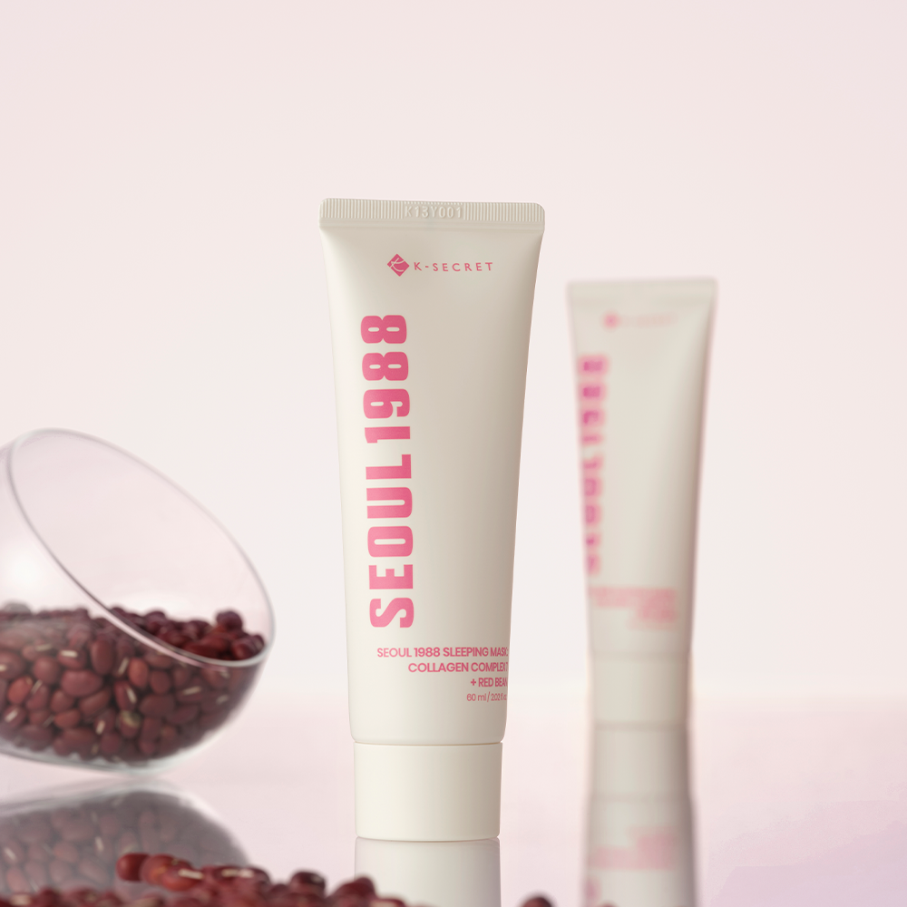 SEOUL 1988  Collagen Sleeping Mask 60ml de marque SEOUL 1988 sur fond clair, avec grains de café et produit en vue.
