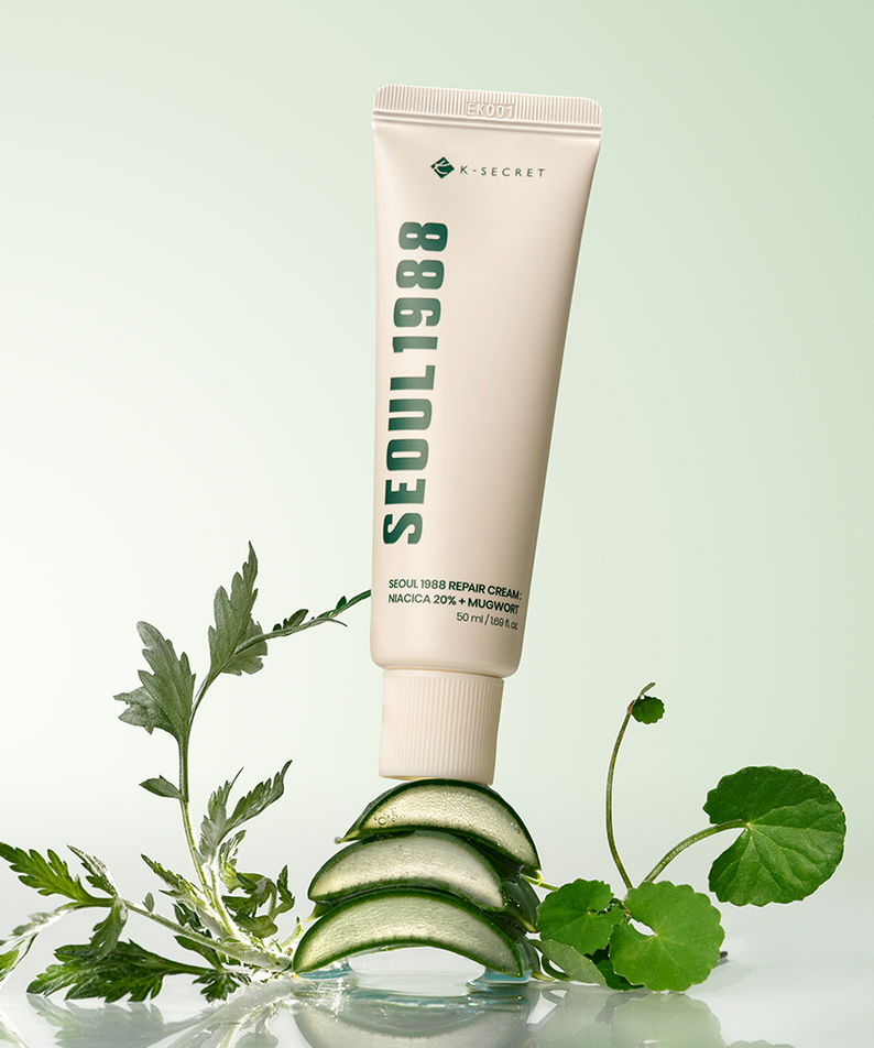 SEOUL 1988  Niacica Repair Cream 50ml, tube K-Secret sur fond vert avec feuilles et concombres, image produit