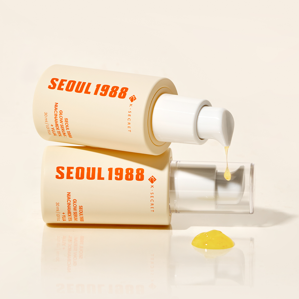 SEOUL 1988  Niacin Yuja Serum 30ml : flacon crème et goutte dorée sur fond clair, marque SEOUL 1988