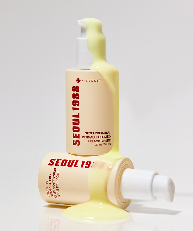 SEOUL 1988 Retinal Black Ginseng Serum 30ml, flacon K-Secret noir ginseng, sur fond blanc, vue produit.