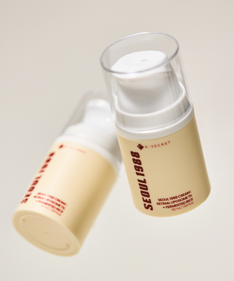 SEOUL 1988 Retinal Fermented Rice Cream 50ml, flacons crème sur fond clair; marque “SEOU L1988” en contexte visuel.