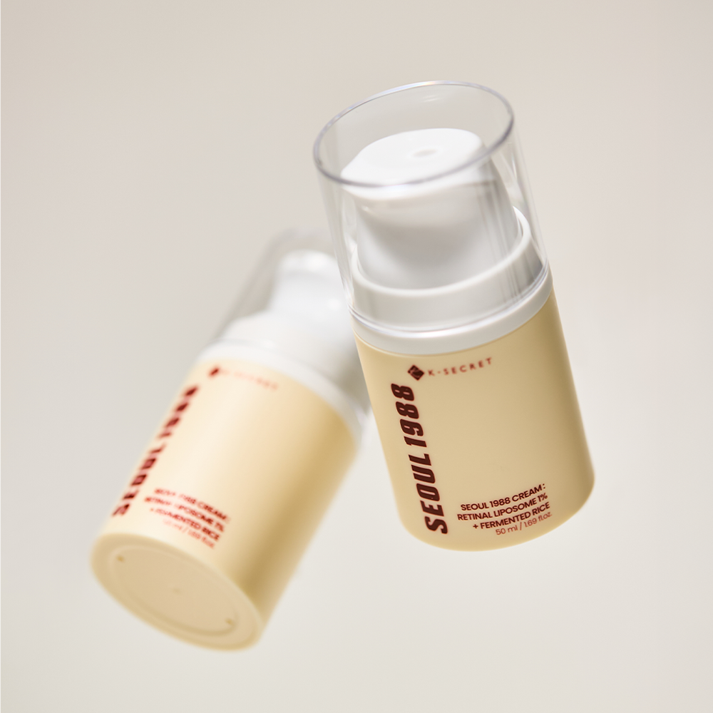 SEOUL 1988 Retinal Fermented Rice Cream 50ml, flacons crème sur fond clair; marque “SEOU L1988” en contexte visuel.