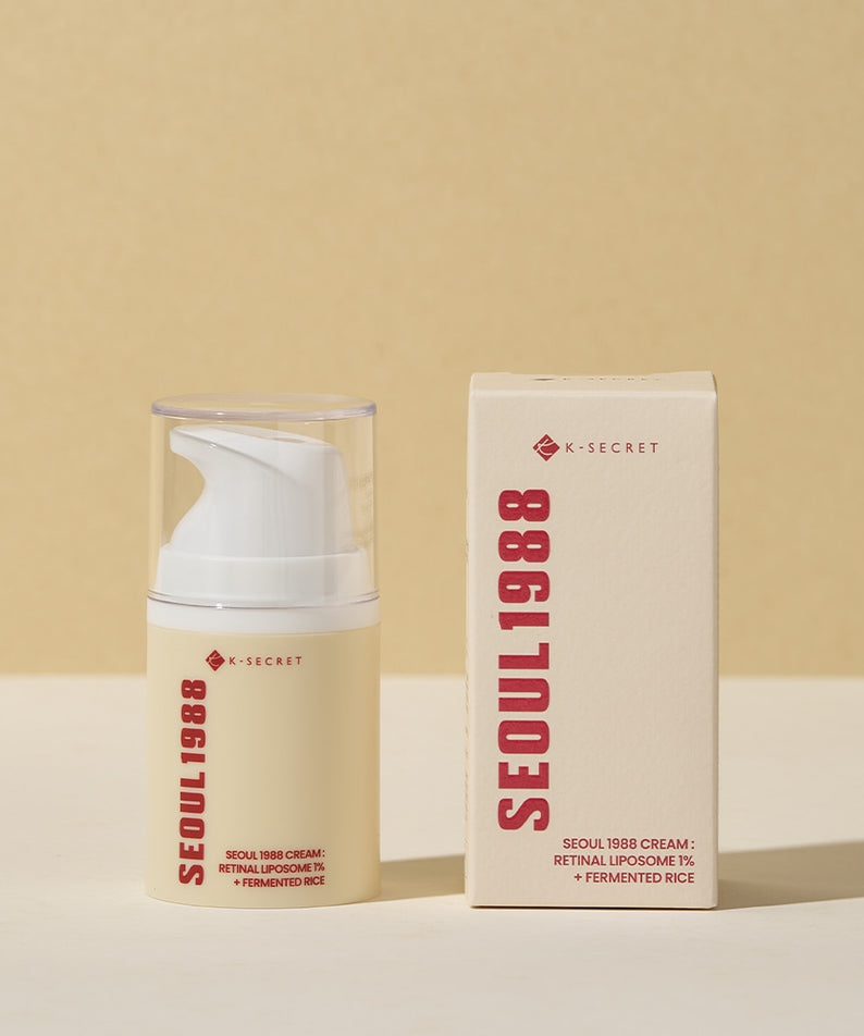 Crème SEOUL 1988 Retinal Fermented Rice: soin visage luxe avec boîte et flacon pompe.