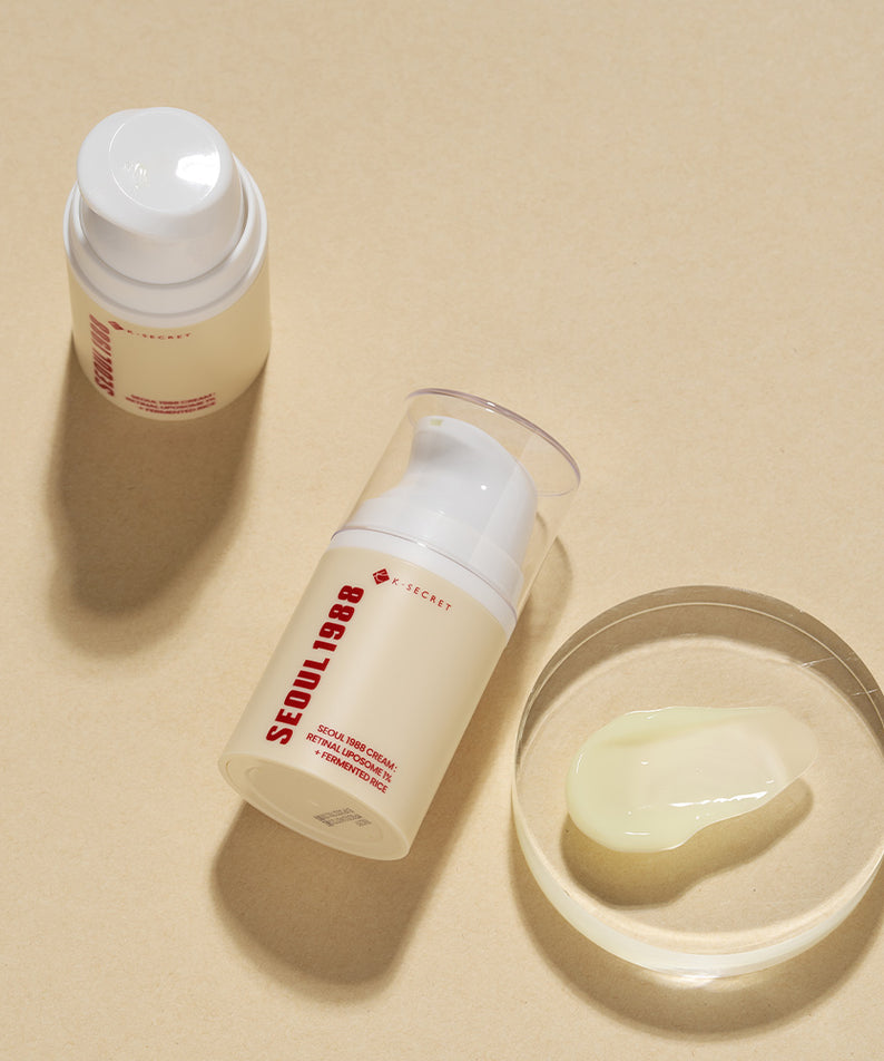SEOUL 1988 Retinal Fermented Rice Cream avec texture visible sur fond beige, soin de la peau anti-âge innovant.