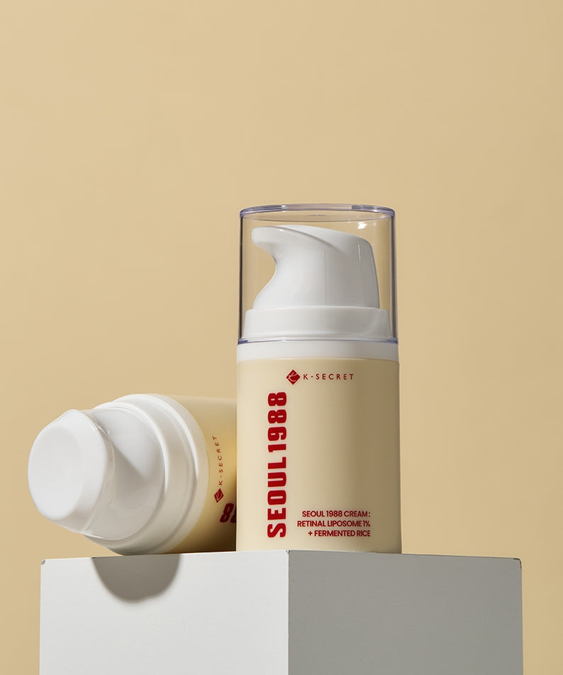 Crème SEOUL 1988 Retinal Fermented Rice, soin visage, flacon sur fond beige.