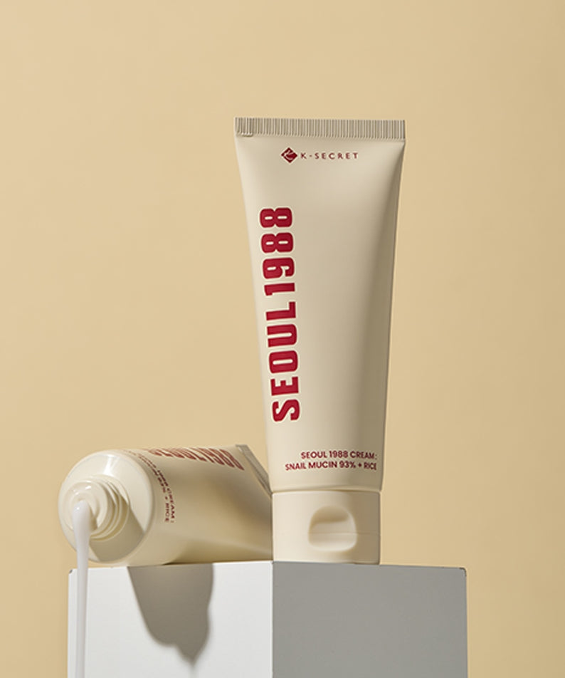 SEOUL 1988 Snail 93 Cream 100ml de la marque X-SECRET, crème snail sur fond beige, tube ouvert.