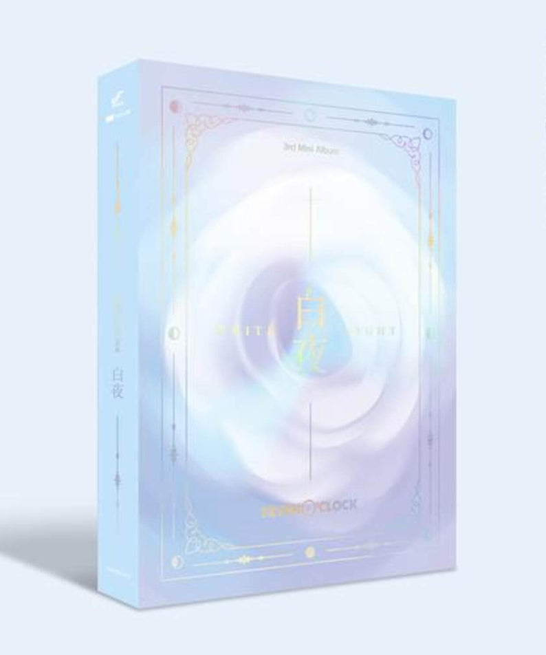 SEVEN O'CLOCK - 3rd Album [ : WHITE NIGHT] - Album Kpop : visuel boîte bleue pâle, design halo, brand SEVEN O'CLOCK