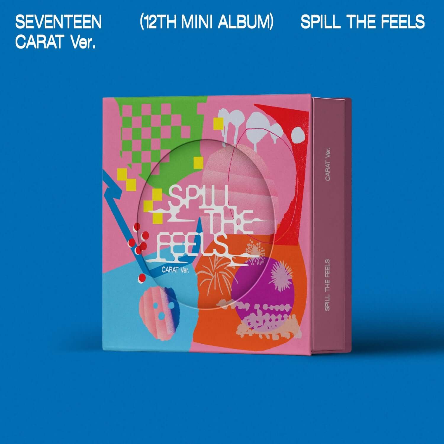 SEVENTEEN - 12th Mini Album 'SPILL THE FEELS' (CARAT Ver.) - Album Kpop, couverture colorée sur fond bleu, vue produit