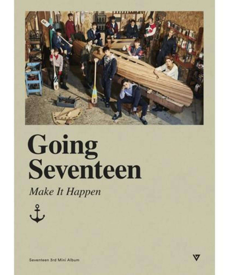 SEVENTEEN - 3rd Album [Going Seventeen] (Ver. Make It Happen) - Album Kpop : couverture avec groupe et scène atelier bois.