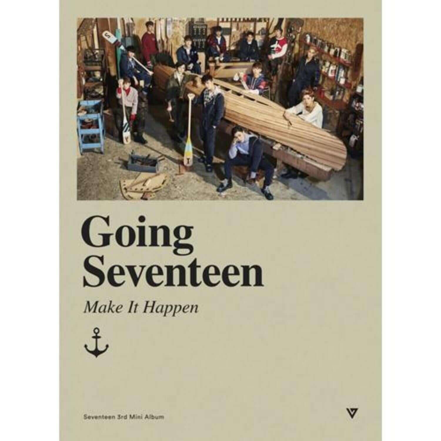 SEVENTEEN - 3rd Album [Going Seventeen] (Ver. Make It Happen) - Album Kpop : couverture avec groupe et scène atelier bois.