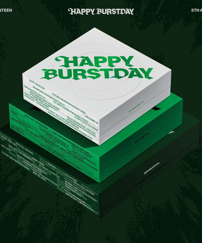 SEVENTEEN - 5th Album [HAPPY BURSTDAY] (Random) - Album Kpop : pochette verte avec boîte “HAPPY BURSTDAY” en visuel 3D.