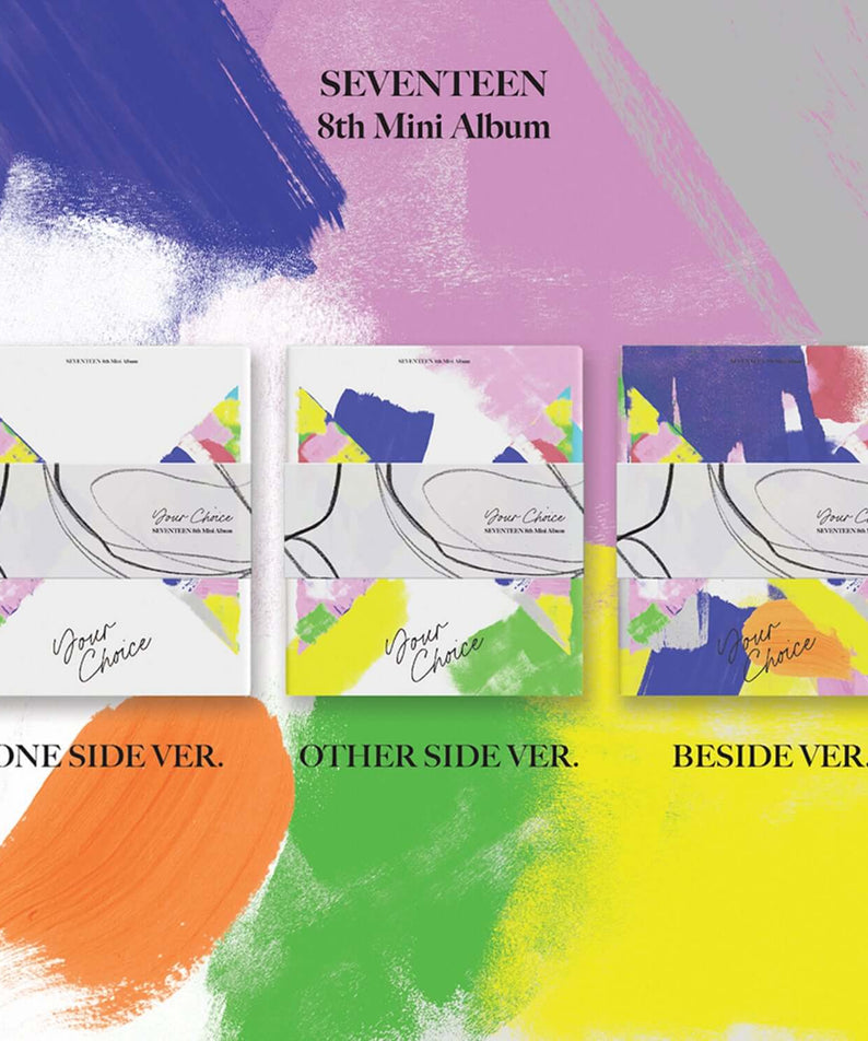 SEVENTEEN - 8th Mini Album [Your Choice] - Album Kpop : packshots ONE SIDE, OTHER SIDE, BESIDE VER sur fond coloré
