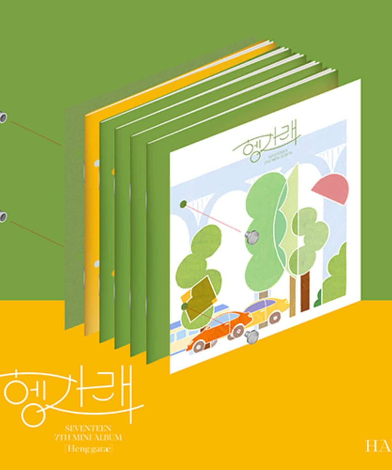 SEVENTEEN - [Heng:garae] ( VER.) - Album Kpop de SEVENTEEN, pack de livrets verts et blancs sur fond vert/jaune.