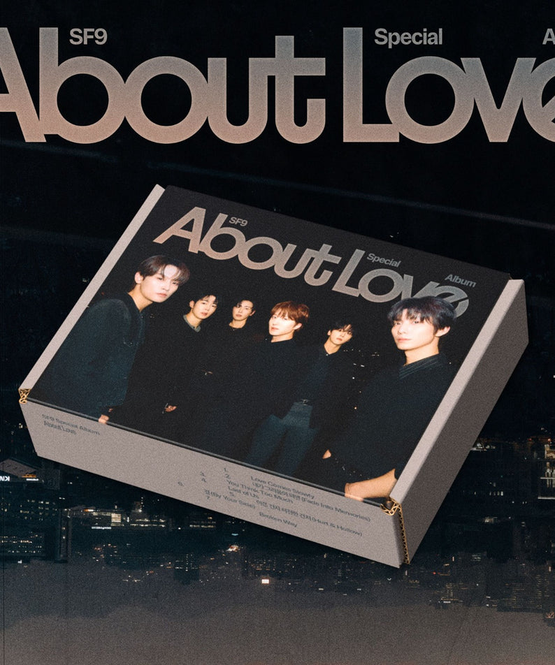 SF9 - Special Album [About Love] (LOVED ONE Ver.) - Album Kpop, boîte et cover sur fond urbain nocturne, visuel marque SF9